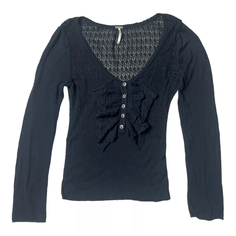 Free People Knit Ruffled Women Black V neck Crochet Long Sleeve 5 Button Size M